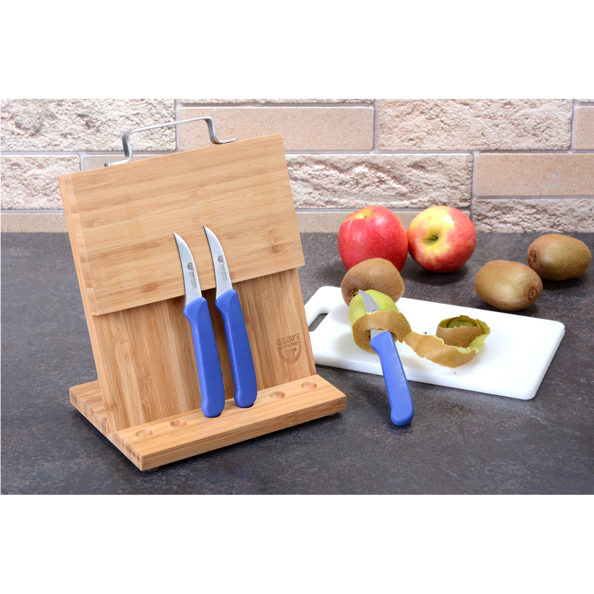 Magnet-Messerhalter Bambus klein mit Küchenmessern blau
