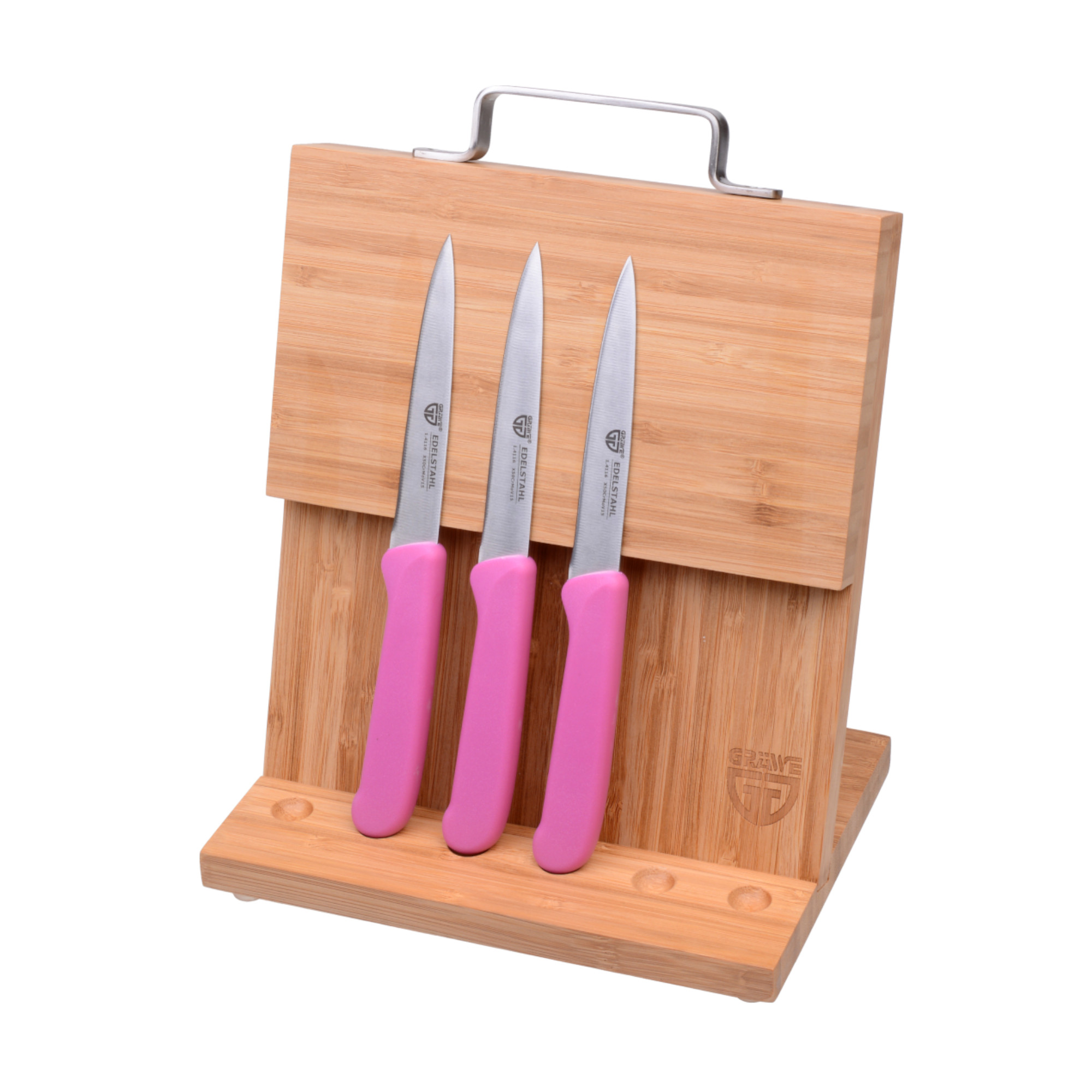 Magnet-Messerhalter Bambus klein mit Gemüsemessern pink