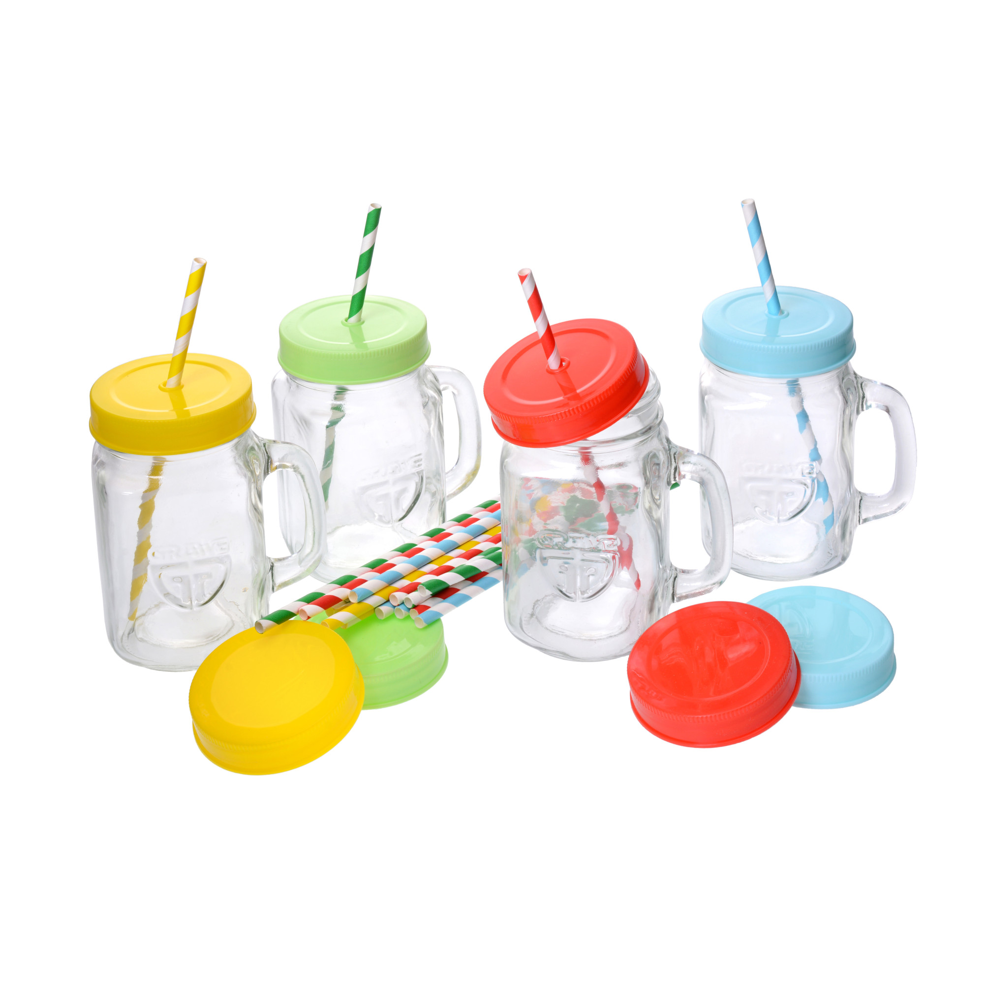 Trinkglas mit Deckel, Henkel und Strohhalm, 4er Set