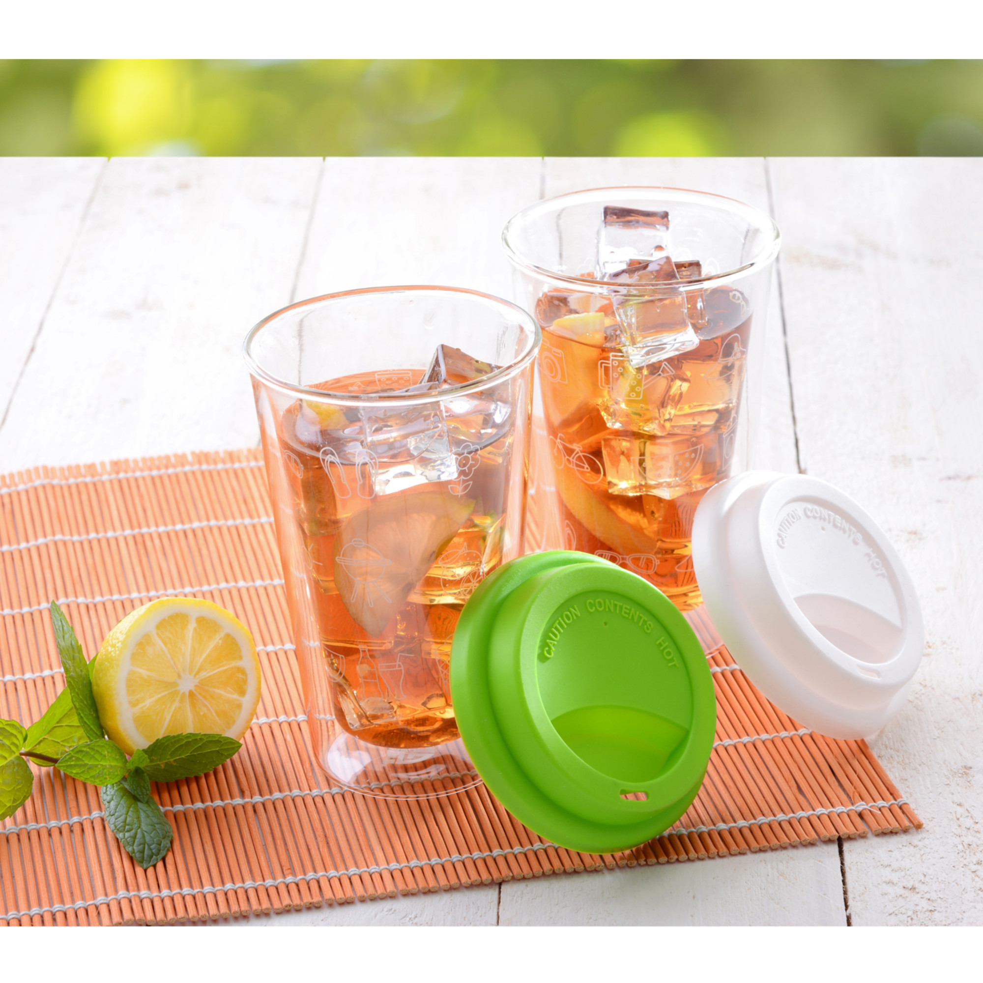 Doppelglas-Becher, 300 ml, 'Sommer', mit grünem Deckel 